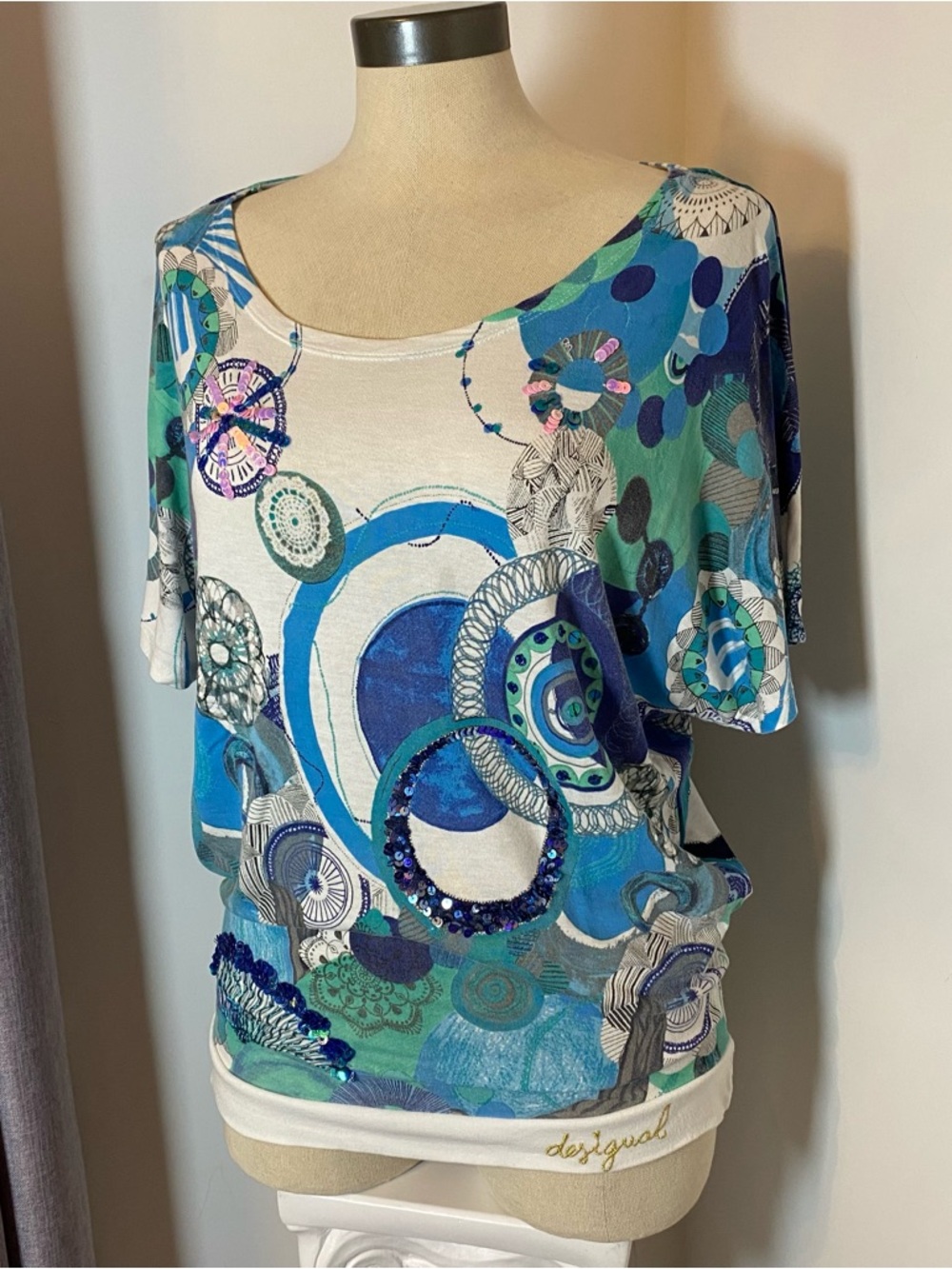 Desigual Blue Teal & White Abstract Scoop Neck Short Sleeve Top